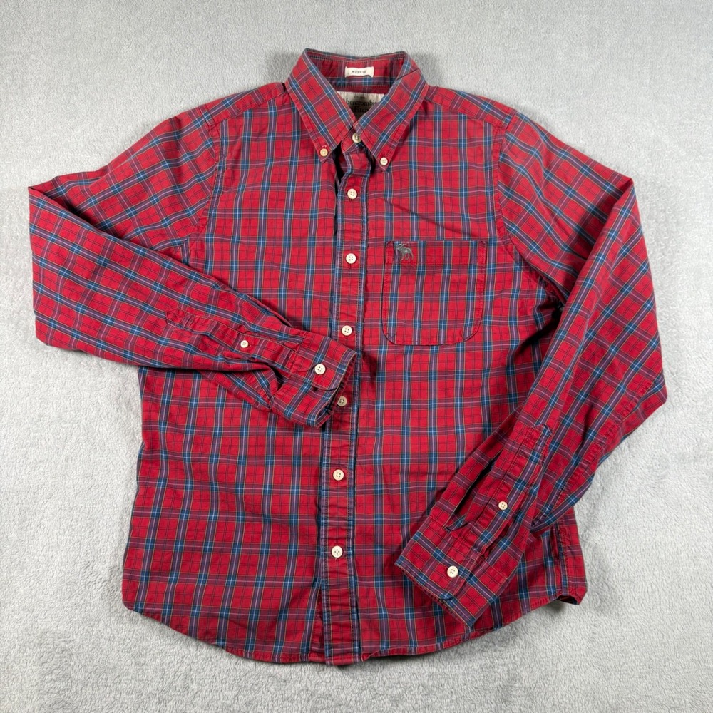 Abercrombie & Fitch Button Down Mens Large Red Plaid Muscle Fit LS Shirt